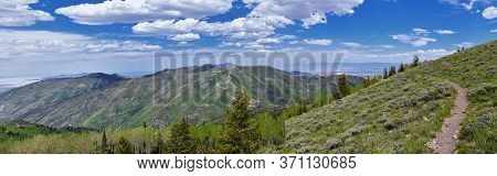 Rocky Mountain Wasatch Front Peaks, Panorama Landscape View From Butterfield Canyon Oquirrh Range To