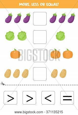 More, Less, Equal With Cartoon Eggplant, Cabbage, Potato And Pumpkin.