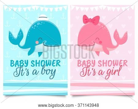 Baby Shower Card. Babies Birth Invitation Cards With Cute Pink And Blue Whales With Hat And Bow, Tex