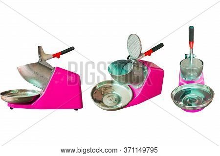 Ice Come Out Of Shaved Ice Machine Isolated On White. Making Thai Shaved Ice Desssert.