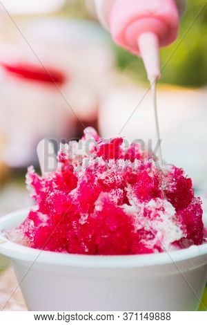 Thai Shaved Ice Desssert With Red Sauce In Bowl