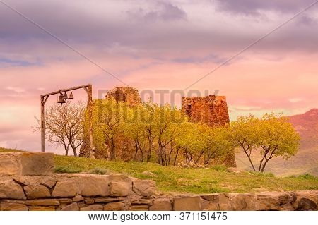 Mtskheta, Georgia, Bells Near Jvari Orthodox Monastery On The Hill During Sunset