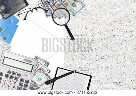 Office Flat Lay Composition With Calculator, Address Book And Other Office Items On Brown Wooden Tab