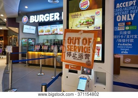 BANGKOK, THAILAND - CIRCA JANUARY, 2020: self-ordering kiosk seen at Burger King at Suvarnabhumi Airport.