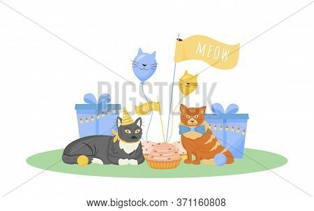 Cat Birthday Flat Color Vector Character. Cute Kitten In Festive Hat. Present And Gift For Domestic 