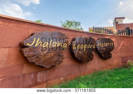 Jaipur , Rajasthan / India - 9 June 2020 : Texture Wood Signboard Written With Jhalana Leopard Reser