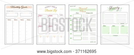 Goals And Wishes Minimalist Planner Page Set. Monthly Priorities. Habit Track Weekly. Travel And Tri