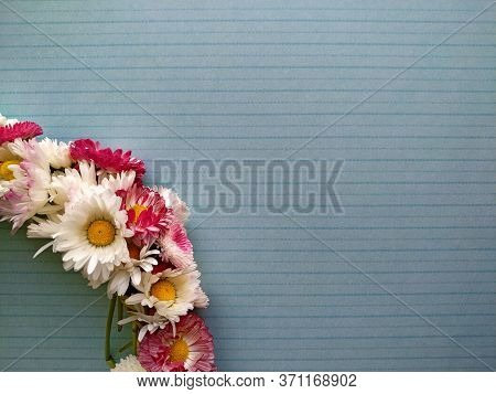 Wreath Of Daisies On A Steel Blue Background. Selective Focus