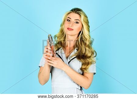 Fragrance Is Perfect Combination Of Temptation And Sweetness. Girl With Perfume Blue Background. Bea