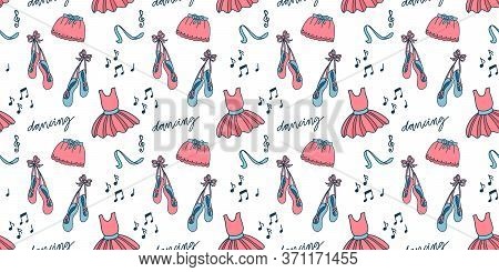 Seamless Pattern With Ballet Accessories: Tutu Skirt, Pointes, Ribbons. Vector Illustration On White