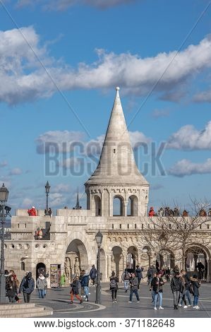 Budapest, Hungary - Feb 11, 2020: Cumulostratus Clouds Over Fishermans Bastion In Sunny Winter Morni