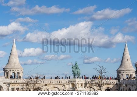 Budapest, Hungary - Feb 11, 2020: Cumulostratus Clouds Over Fishermans Bastion In Sunny Winter Morni