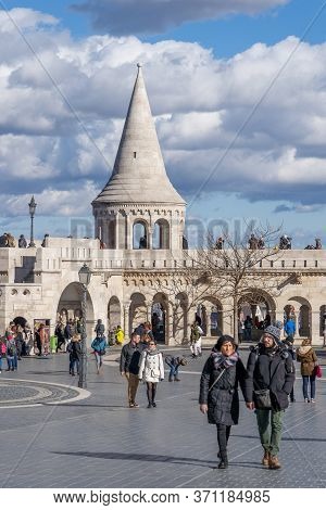 Budapest, Hungary - Feb 11, 2020: Cumulostratus Clouds Over Fishermans Bastion In Sunny Winter Morni