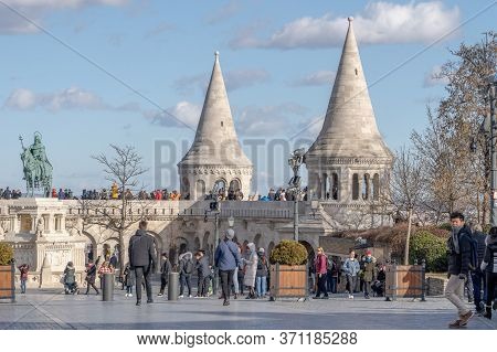Budapest, Hungary - Feb 11, 2020: A Lot Of Tourists On Fishermans Bastion In Sunny Winter Morning