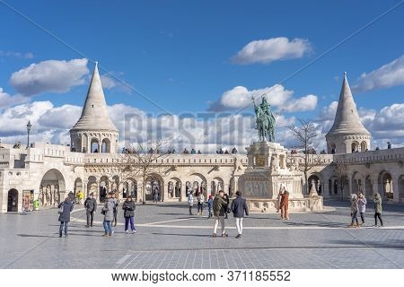 Budapest, Hungary - Feb 11, 2020: Cumulostratus Clouds Over Fishermans Bastion In Sunny Winter Morni