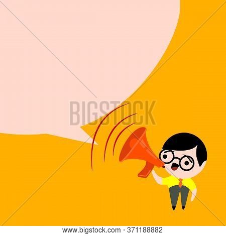 A Character With His Voice Holds A Megaphone. Man Broadcasts News. On A Yellow Background. Vector Il