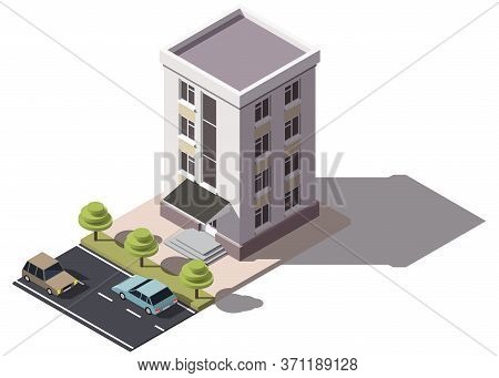 Public Residential Building Isometry. Isometric View Of The House And Cars. 3d Object For Video Game