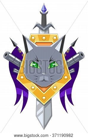 Robo-cat Coat Of Arms. Cat Head On Yellow Shield With Purple Flags And Guns. Vector Graphic.