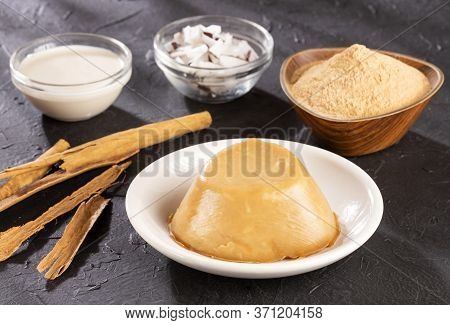 Natilla Traditional Colombian Food - Coconut, Milk And Cinnamon Ingredients. Text Space