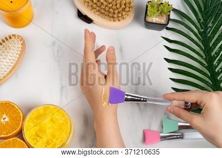 Natural Manicure Girls Hands On The Background Of Marble And Bathroom