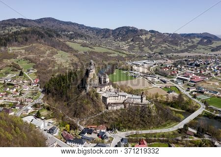 Beautiful View From The Top Of The Town In A Mountain Valley. You Can See The Roads, The River And T