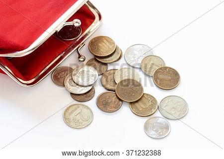 Red Vintage Wallet, Russian Coins, Rubles And Copecks Close-up, The Concept Of A Living Wage, Social