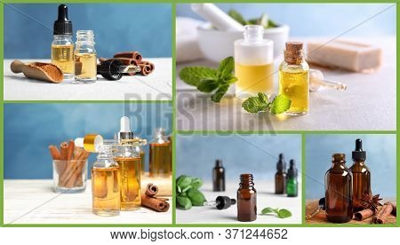 Collage Of Different Photos With Essential Oils. Banner Design