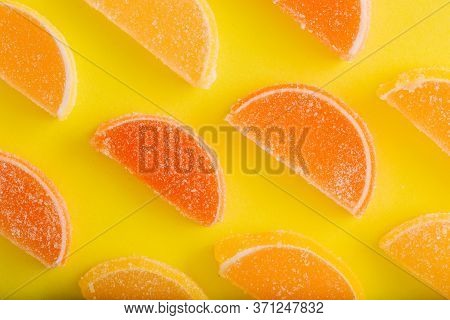Macro Photo Multi-colored Marmalade Jelly Candy's. Dessert Marmalade In The Form Of Lemon And Orange