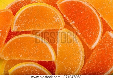 Macro Photo Multi-colored Marmalade Jelly Candys. Dessert Marmalade In The Form Of Lemon And Orange 