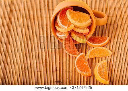 Macro Photo Multi-colored Marmalade Jelly Candys. Dessert Marmalade In The Form Of Lemon And Orange 
