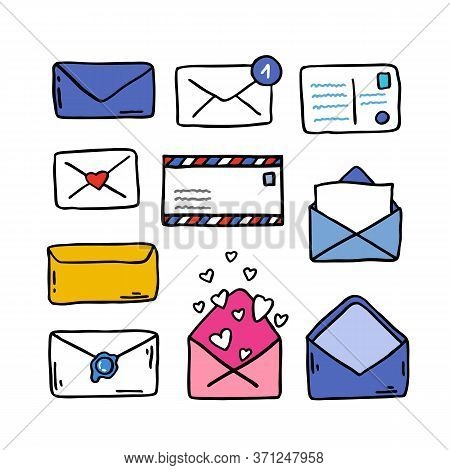 Postal Doodle Icons Set, Vector Color Illustration
