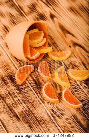 Macro Photo Multi-colored Marmalade Jelly Candys. Dessert Marmalade In The Form Of Lemon And Orange 