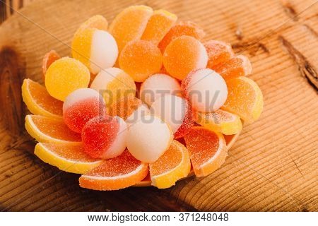 Macro Photo Multi-colored Marmalade Jelly Candy's. Dessert Marmalade In The Form Of Lemon And Orange