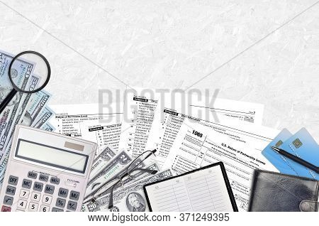 Irs Form 1065 U.s. Return Of Partnership Income Lies On Flat Lay Office Table And Ready To Fill. U.s