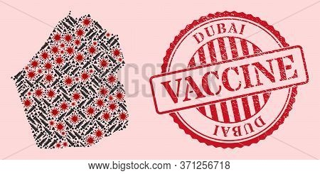 Vector Collage Dubai Emirate Map Of Covid-2019 Virus, Treatment Icons, And Red Grunge Vaccine Seal S