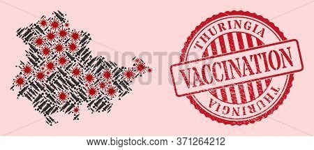 Vector Collage Thuringia Land Map Of Flu Virus, Treatment Icons, And Red Grunge Vaccine Seal. Virus 