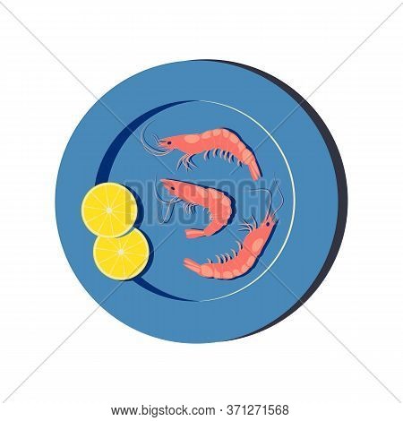 Blue Plate With Shrimp And Slices Of Lemon. Cooked Boiled, Fried, Grilled Seafood, Tiger Shrimps, La