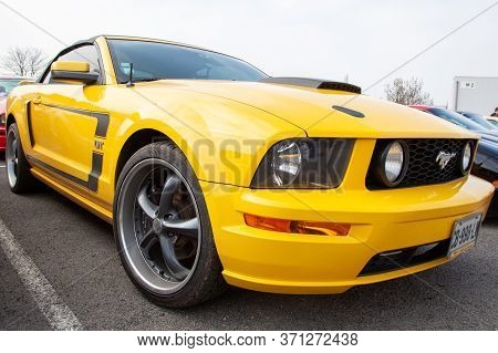 Bordeaux , Aquitaine / France - 06 10 2020 : Ford Mustang Boss 302 Gt Yellow Car Convertible Front V