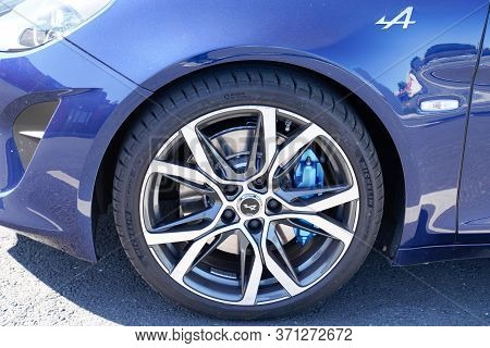 Bordeaux , Aquitaine / France - 10 11 2019 : Alpine A110 Sports Modern Car  Wheel Blue New Renault