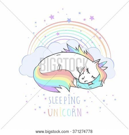 Vector Illustration Of Hand Drawn Sleeping Unicorn With Rainbow And Text - Sleeping Unicorn On Withe