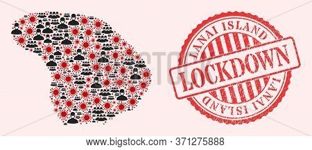 Vector Mosaic Lanai Island Map Of Sars Virus, Masked Men And Red Grunge Lockdown Seal Stamp. Virus P