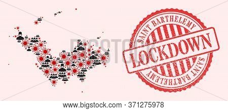 Vector Collage Saint Barthelemy Map Of Sars Virus, Masked Men And Red Grunge Lockdown Seal Stamp. Vi