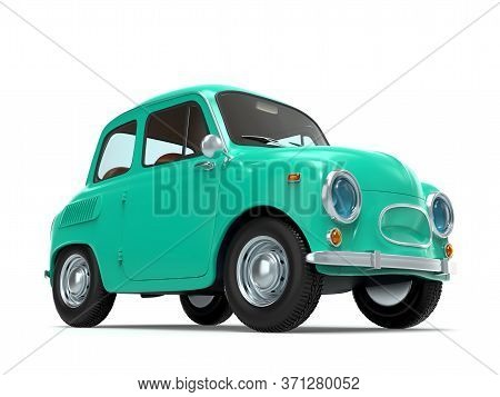 Small And Cute Cartoon Bunchy Retro Car Isolated On White Background. 3d Illustration