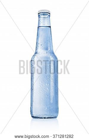 Blue Glass Bottle With Still, Spring Or Mineral Water Without Label Isolated On White Background.