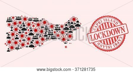 Vector Collage Capri Island Map Of Sars Virus, Masked Men And Red Grunge Lockdown Seal Stamp. Virus 