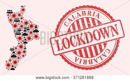 Vector Mosaic Calabria Region Map Of Flu Virus, Masked Men And Red Grunge Lockdown Stamp. Virus Item