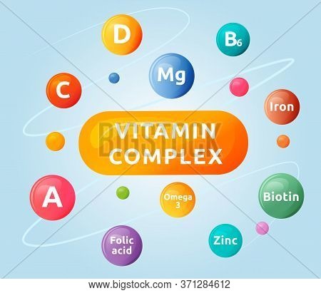 Vitamin Complex Cartoon Vector Illustration. Dietary Supplement Flat Color Object. Vitamin C, D, B6.