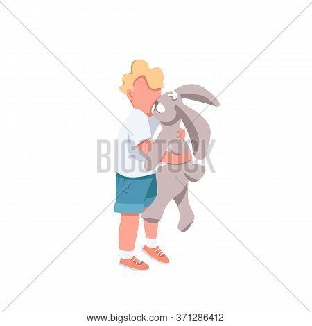 Boy With Toy Flat Color Vector Faceless Character. Little Kid Hug Stuffed Rabbit. Cute Preschooler. 
