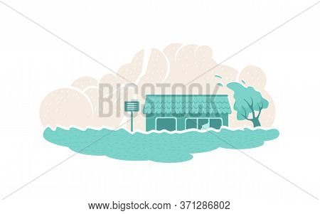 Flood Natural Disaster 2d Vector Web Banner, Poster. House In Water Flat Illustration On Cartoon Bac