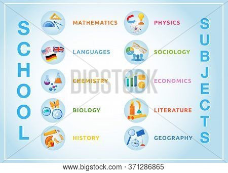 School Subjects Flat Color Vector Objects Set. Natural And Formal Science Circle Icons. Foreign Lang